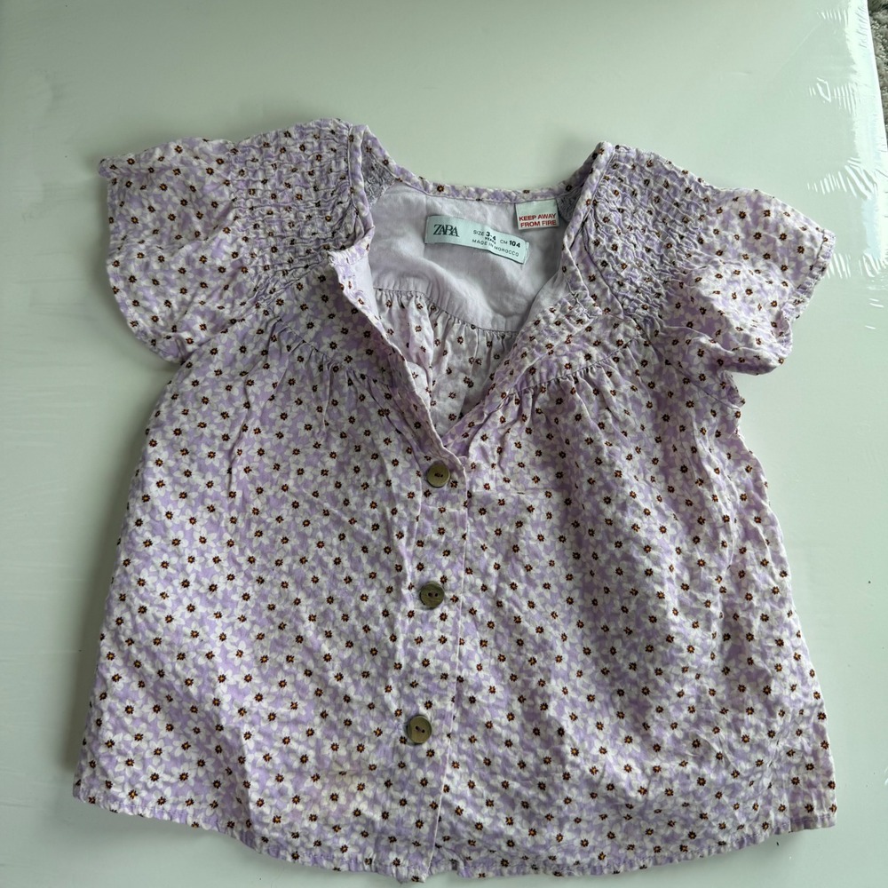 Girls Zara‎ Purple Floral Button Front Boho Blouse Size 3-4